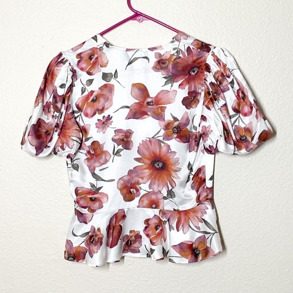 The Kooples Printed Ecru Top 1 Small Floral Motif Peplum Gathered Puff Sleeves - Picture 6 of 7